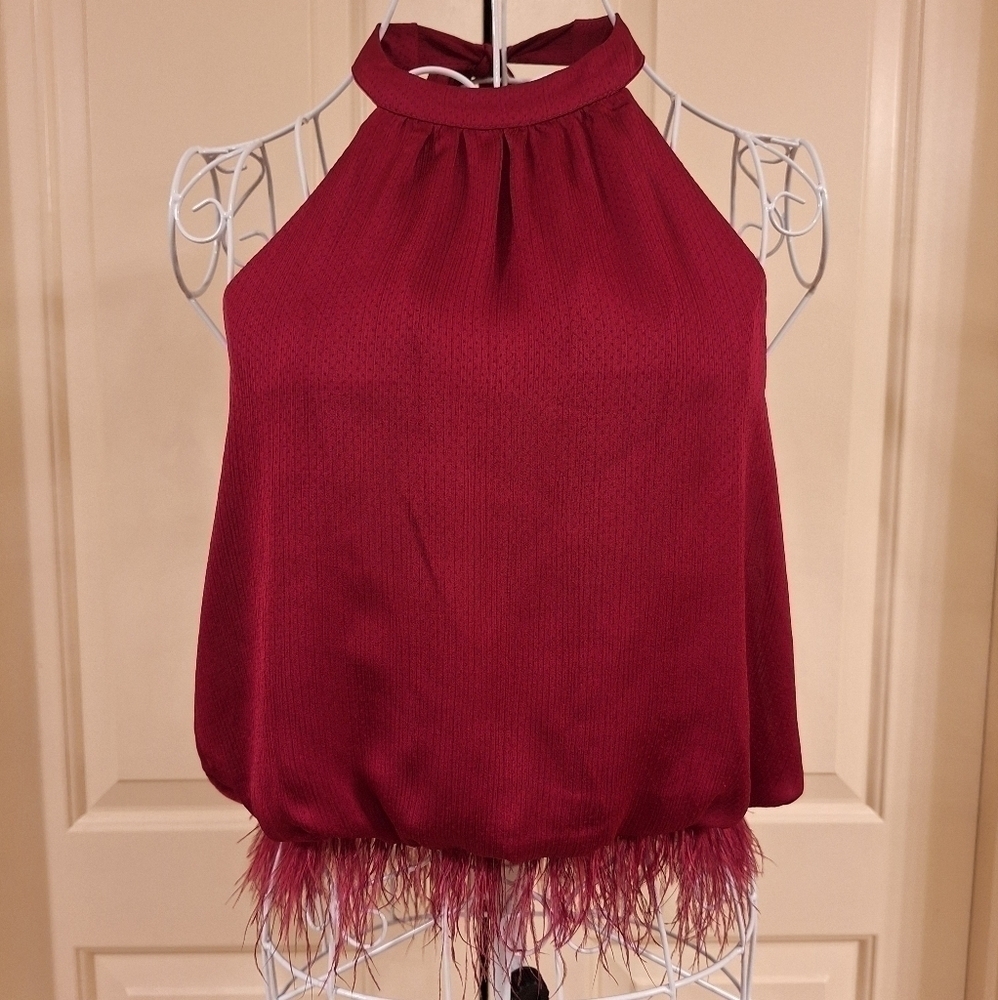 Lalavon Feather Halter Cropped Tank Top Open Back Red Wine Merlot Color
